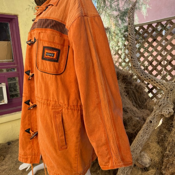 Major Damage Patchwork Drawstring Denim Coat, Mens XXL - Orange/Blk, 90s Vintage - Picture 5 of 12